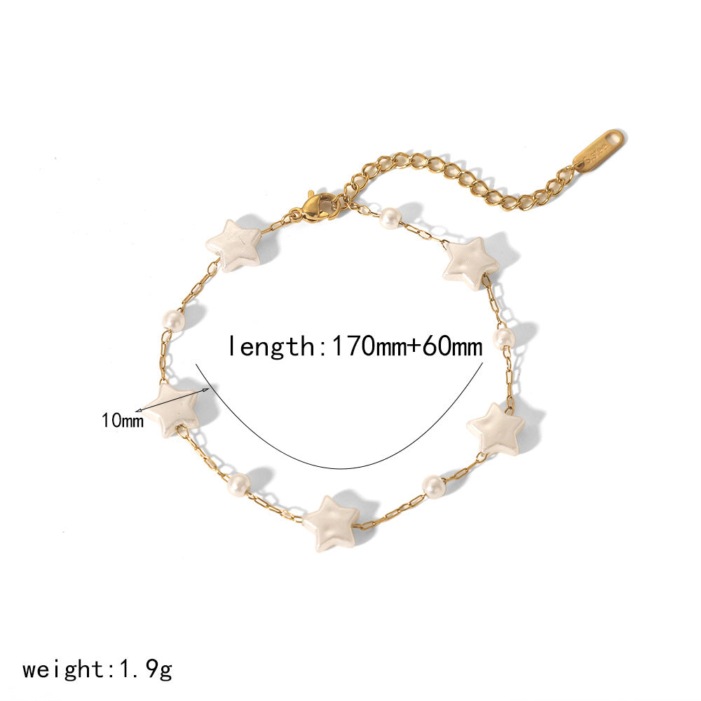 Pearl Bead Bracelet with Stars and Hearts in Gold Stainless Steel