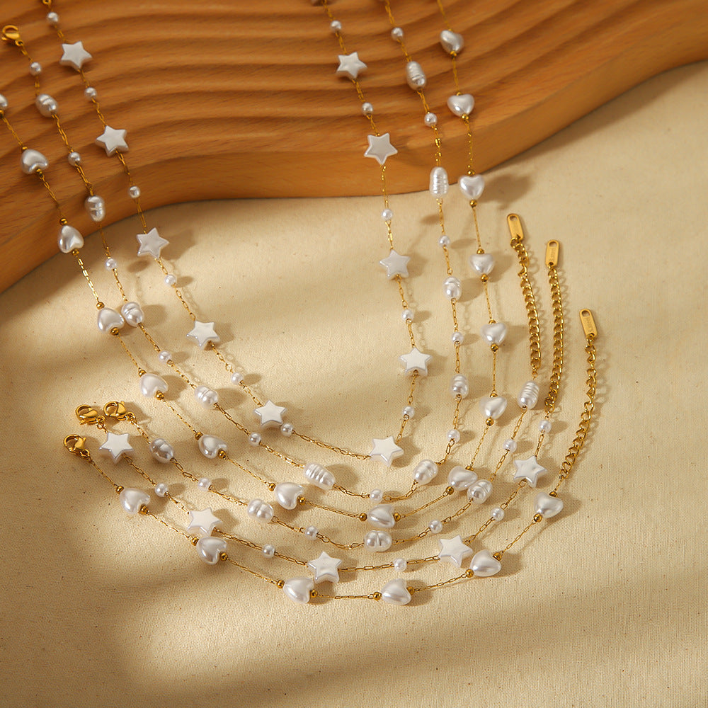Pearl Bead Bracelet with Stars and Hearts in Gold Stainless Steel