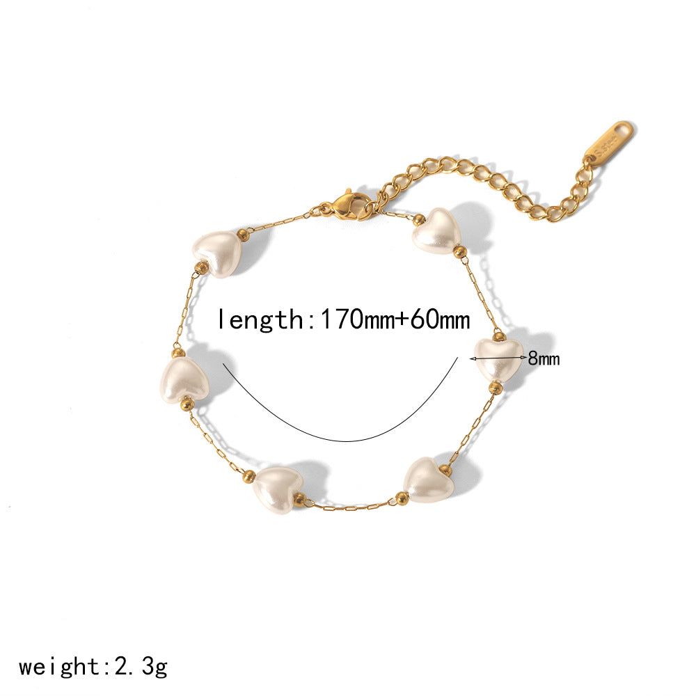 Pearl Bead Bracelet with Stars and Hearts in Gold Stainless Steel
