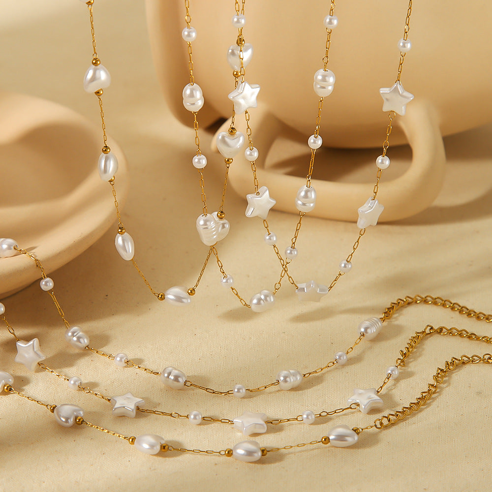 Pearl Bead Bracelet with Stars and Hearts in Gold Stainless Steel