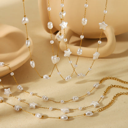 Costellazione di Perle – Pulsera de Perlas de Acero Inoxidable Dorado con Estrellas y Corazones | Serenyah