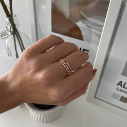 Gold Stacking Ring Set of 3 | Zirconia Eternity, Milgrain & Plain Band Serenyah