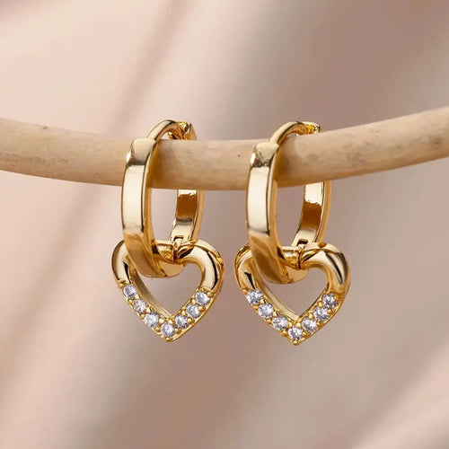 Open Heart Zirconia Drop Hoop Earrings | Gold-Plated Stainless Steel Serenyah
