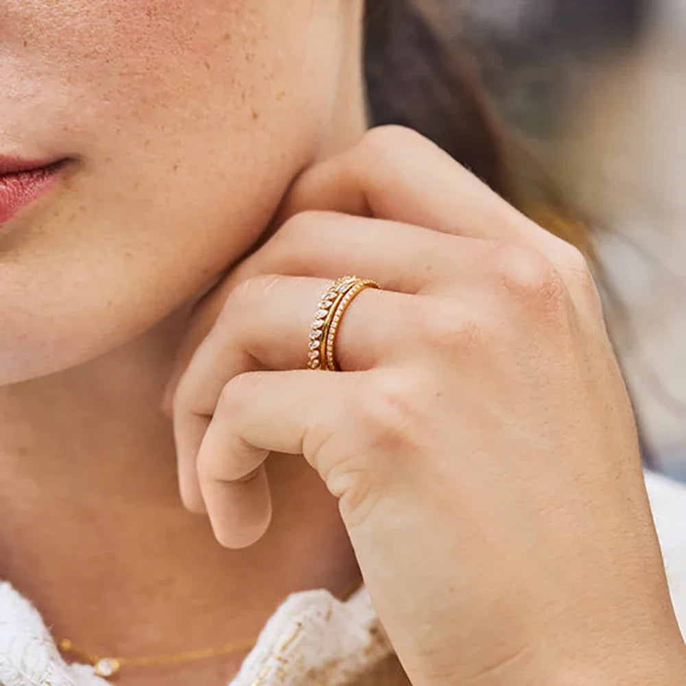 Gold Stacking Ring Set of 3 | Zirconia Eternity, Milgrain & Plain Band Serenyah