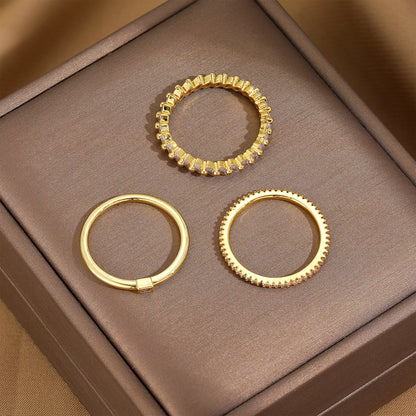 Gold Stacking Ring Set of 3 | Zirconia Eternity, Milgrain & Plain Band Serenyah