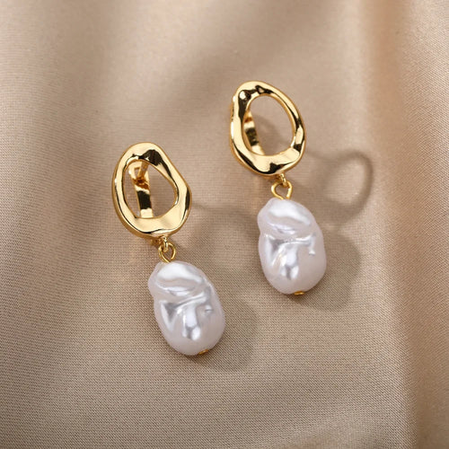 Baroque Pearl Organic Hoop Drop Earrings | Gold-Plated Stainless Steel Serenyah