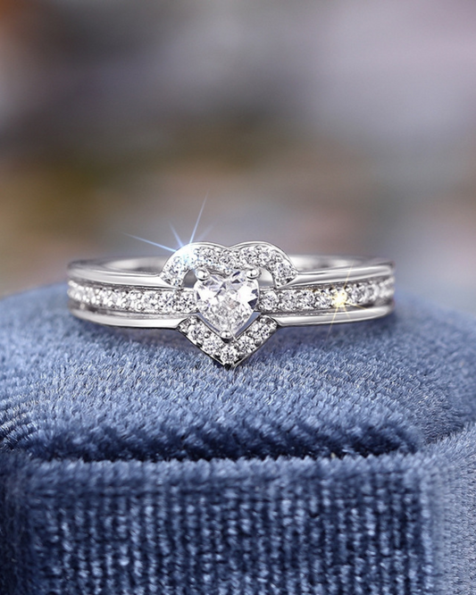 Améline Ring – Anel com zircônia em formato de coração e cravação dupla, dourado ou prateado, romântico e sofisticado