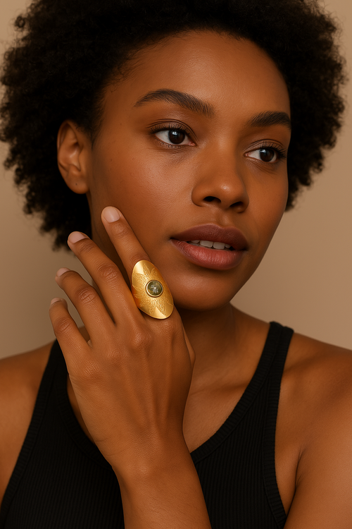 Aksum Ring – Anel com Turquesa Africana esculpida e base metálica larga estilo boho-chic