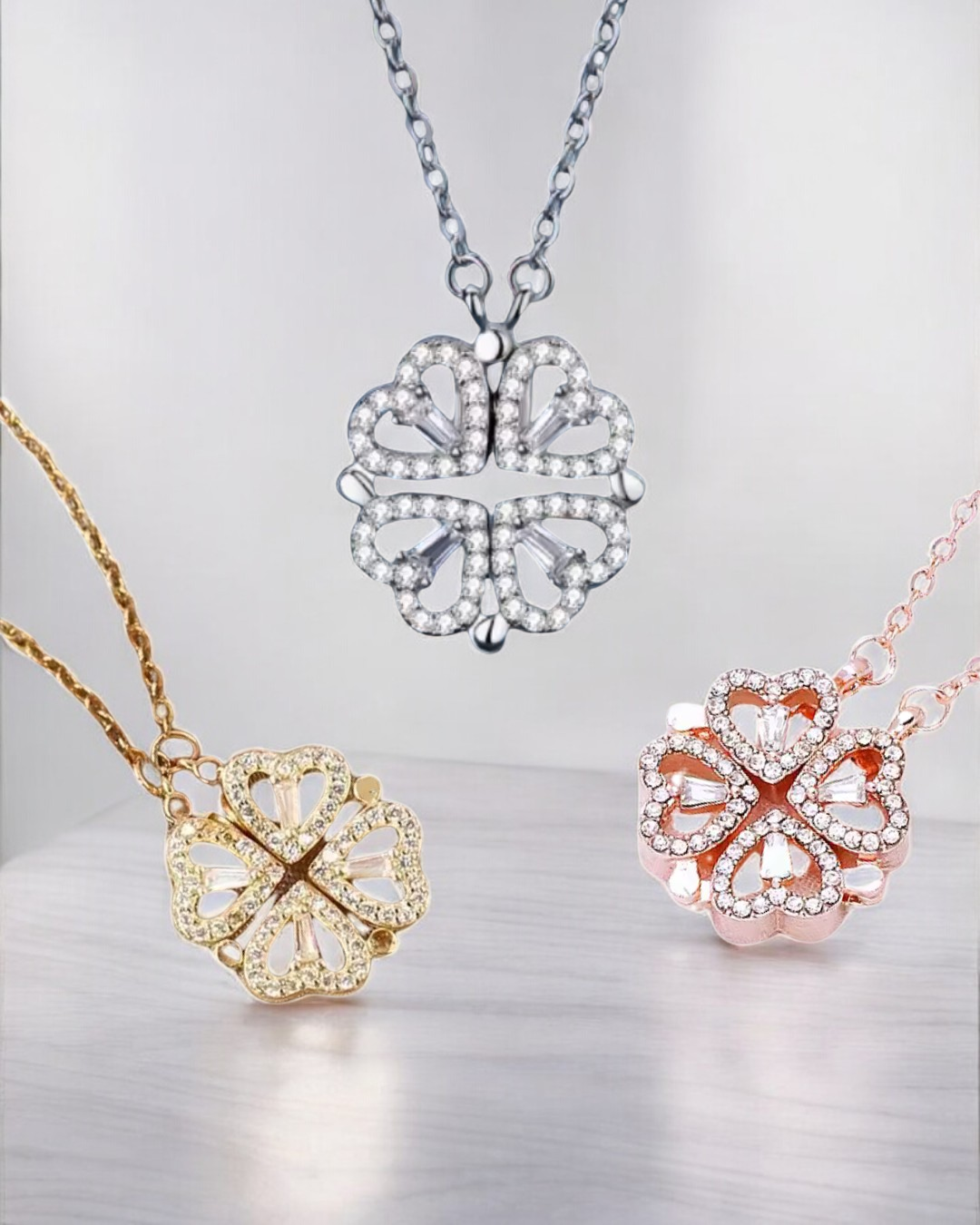 Celeste Clover Necklace with Hearts Gold or Silver Serenyah