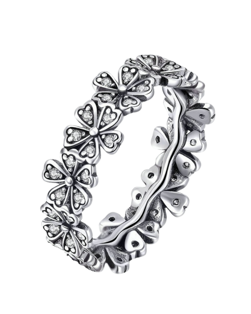 Daiséa Ring – 925 Silver ring with studded daisy flowers and detailed continuous band