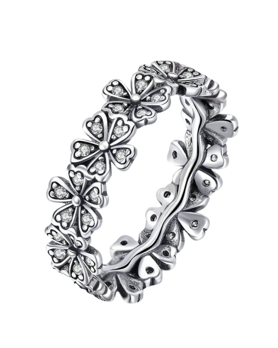 Daiséa Ring – Anel em Prata 925 com flores margaridas cravejadas e aro contínuo detalhado