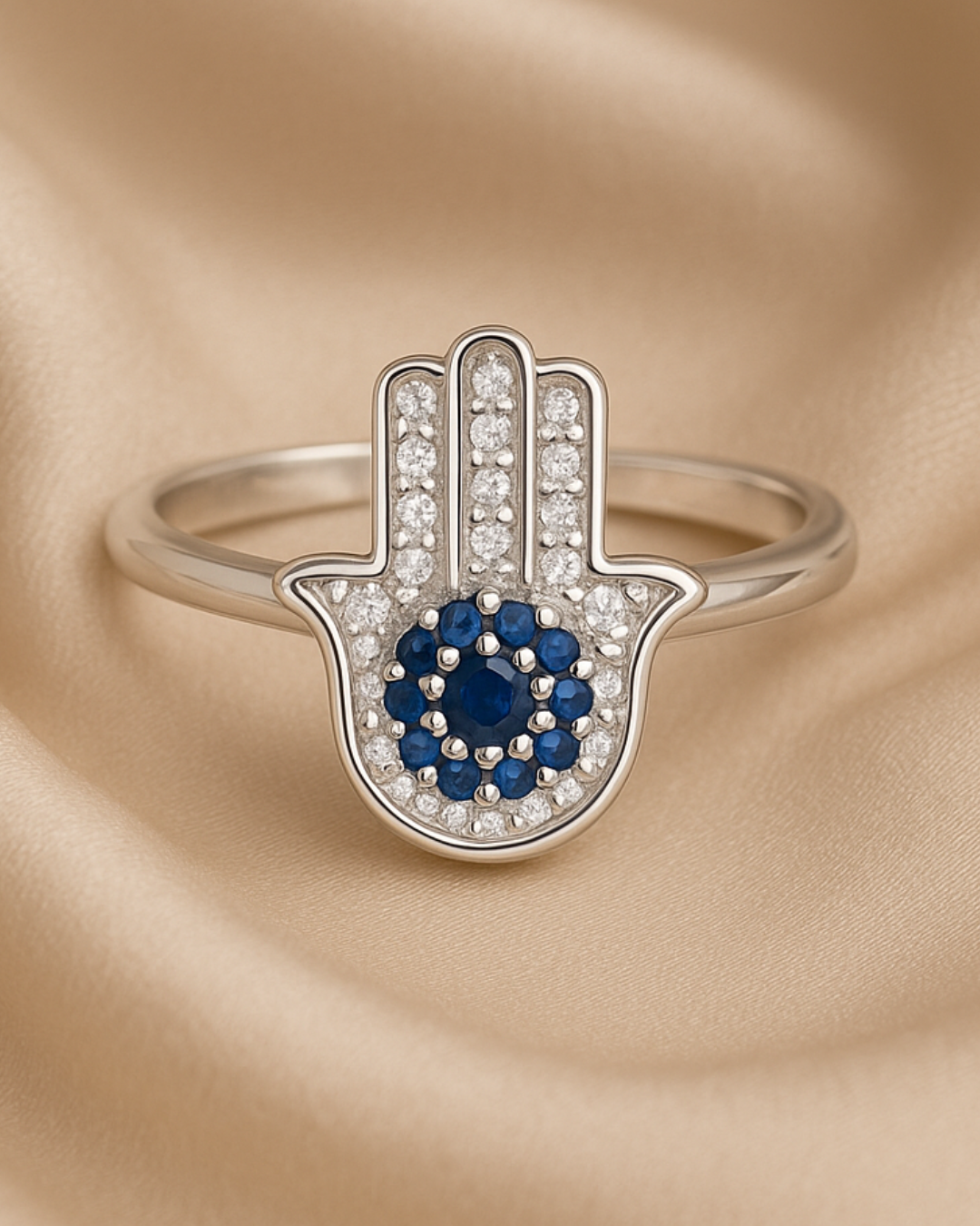 Hamséa Ring – 925 Silver ring with Hamsa symbol studded with blue and white zircons