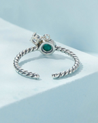 Malya Ring – 925 Silver Ring with Malachite Green Stone and Dangling Zirconia, Adjustable and Elegant