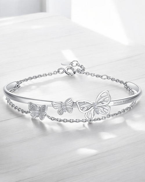 Monarque Argenté – Pulsera Mariposa Plateada para Mujer | Brazalete Mariposa Doble 3D | Serenyah