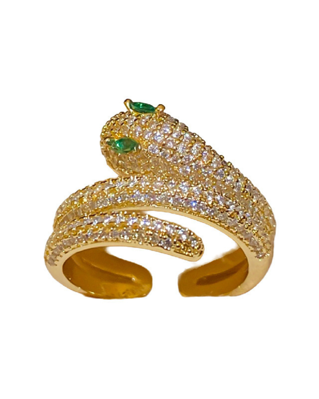 Nahyra Ring – Anel serpente cravejado com olhos verdes, disponível em dourado e prateado