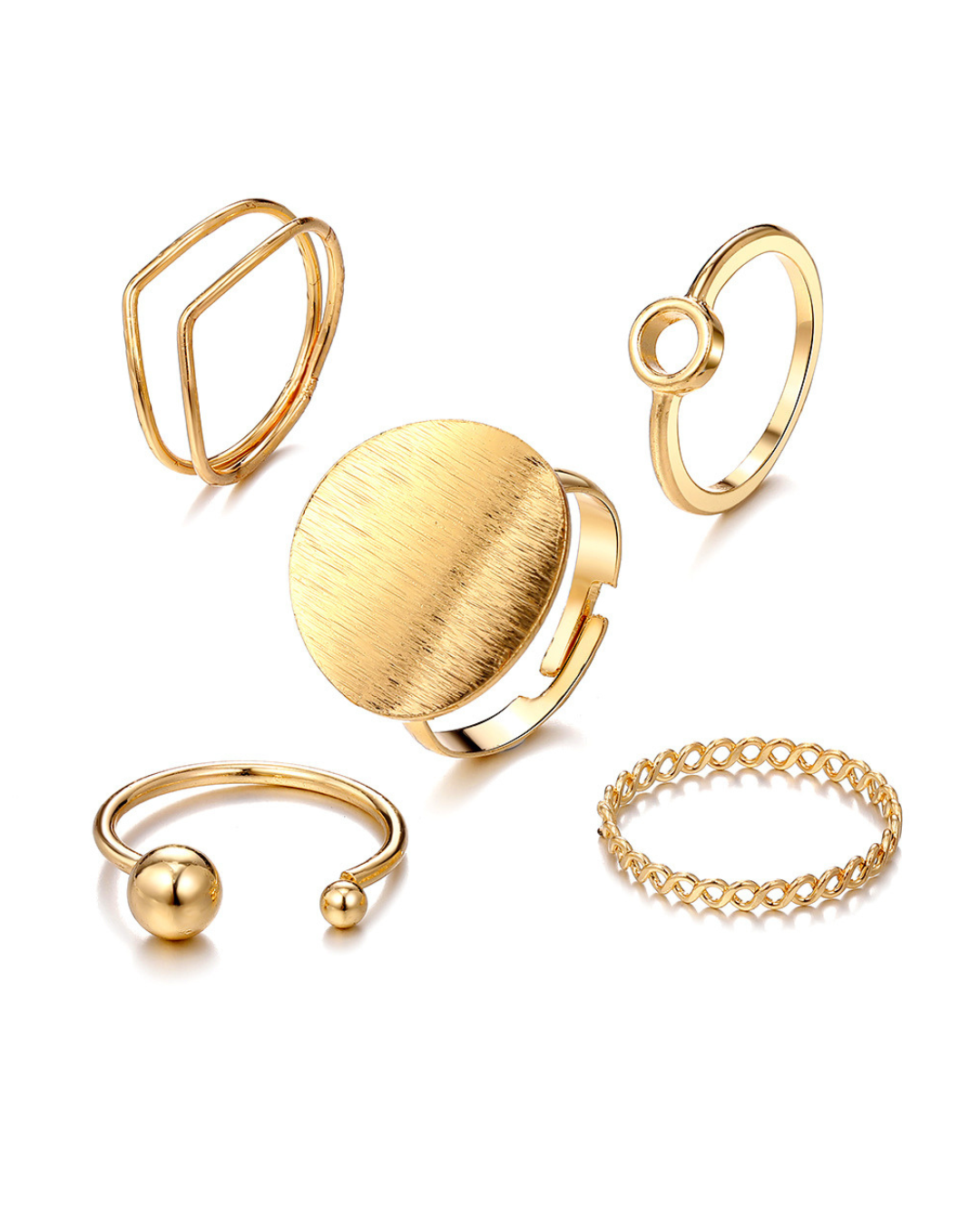 Ornys Set – Conjunto com 5 anéis geométricos em dourado ou prateado, com design moderno e minimalista