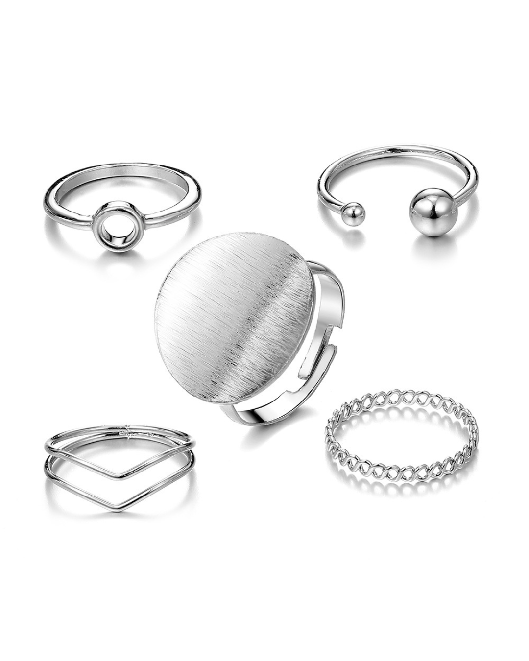 Ornys Set – Conjunto com 5 anéis geométricos em dourado ou prateado, com design moderno e minimalista