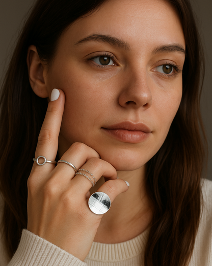 Ornys Set – Conjunto com 5 anéis geométricos em dourado ou prateado, com design moderno e minimalista