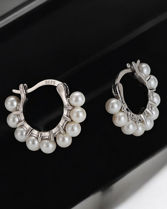 Perla Halo Pearl Huggie Earrings in 925 Sterling Silver | Serenyah