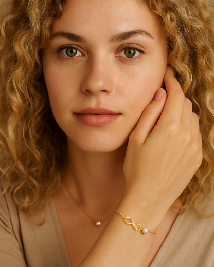 Verona Pearl – Pulsera de perlas y símbolo infinito de plata 925 y oro para mujer | Serenyah