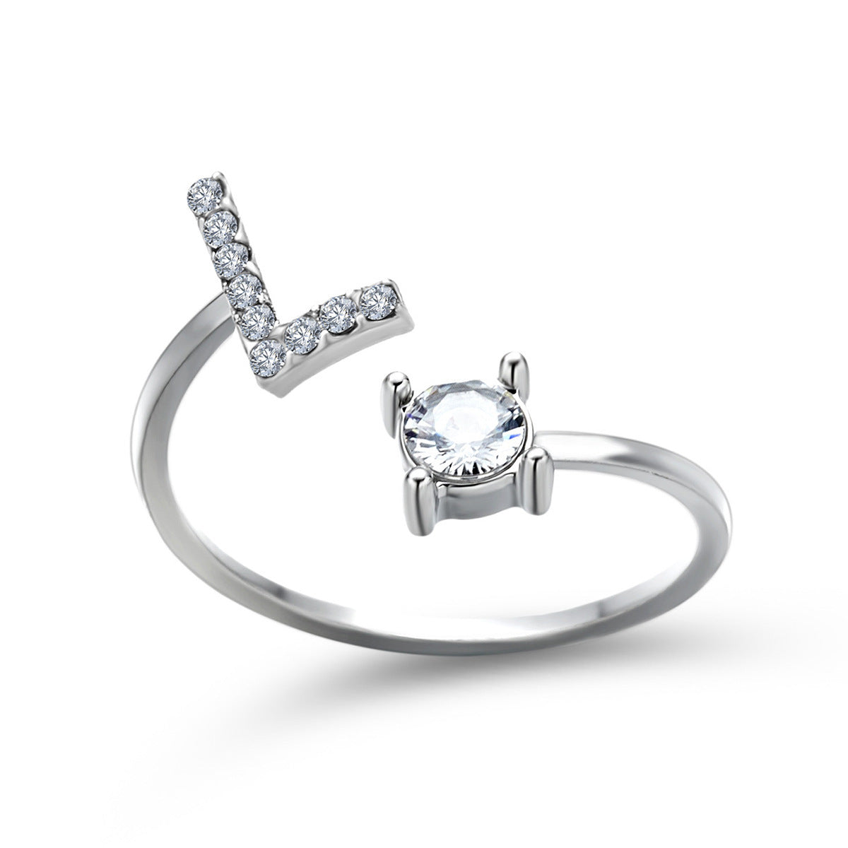 Lettera Ring – Anel com inicial cravejada e zircônia solitária, prateado e ajustável
