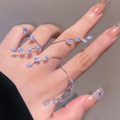 Zircon Leaf Finger Chain Ring – Stainless Steel Hand Jewelry | Serenyah