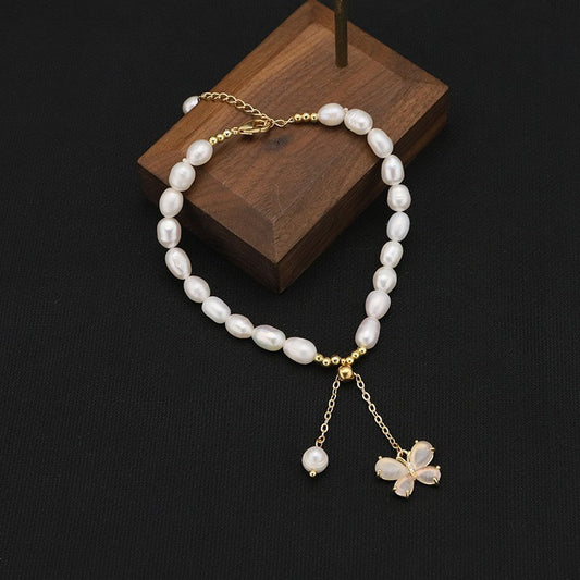 Liria Pearl – Natural Pearl Bracelet with Butterfly & Pendant | Gold-Tone | Serenyah
