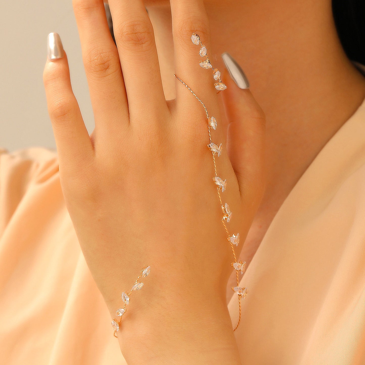 Zircon Leaf Finger Chain Ring – Stainless Steel Hand Jewelry | Serenyah