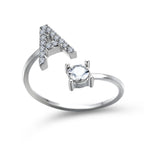 Lettera Ring – Ring with studded initial and solitaire zirconia, silver and adjustable