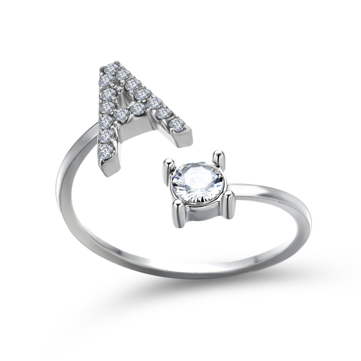 Lettera Ring – Anel com inicial cravejada e zircônia solitária, prateado e ajustável