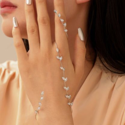 Zircon Leaf Finger Chain Ring – Stainless Steel Hand Jewelry | Serenyah