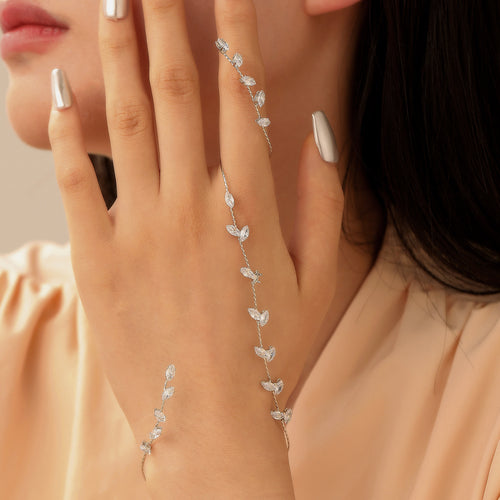 Zircon Leaf Finger Chain Ring – Stainless Steel Hand Jewelry | Serenyah