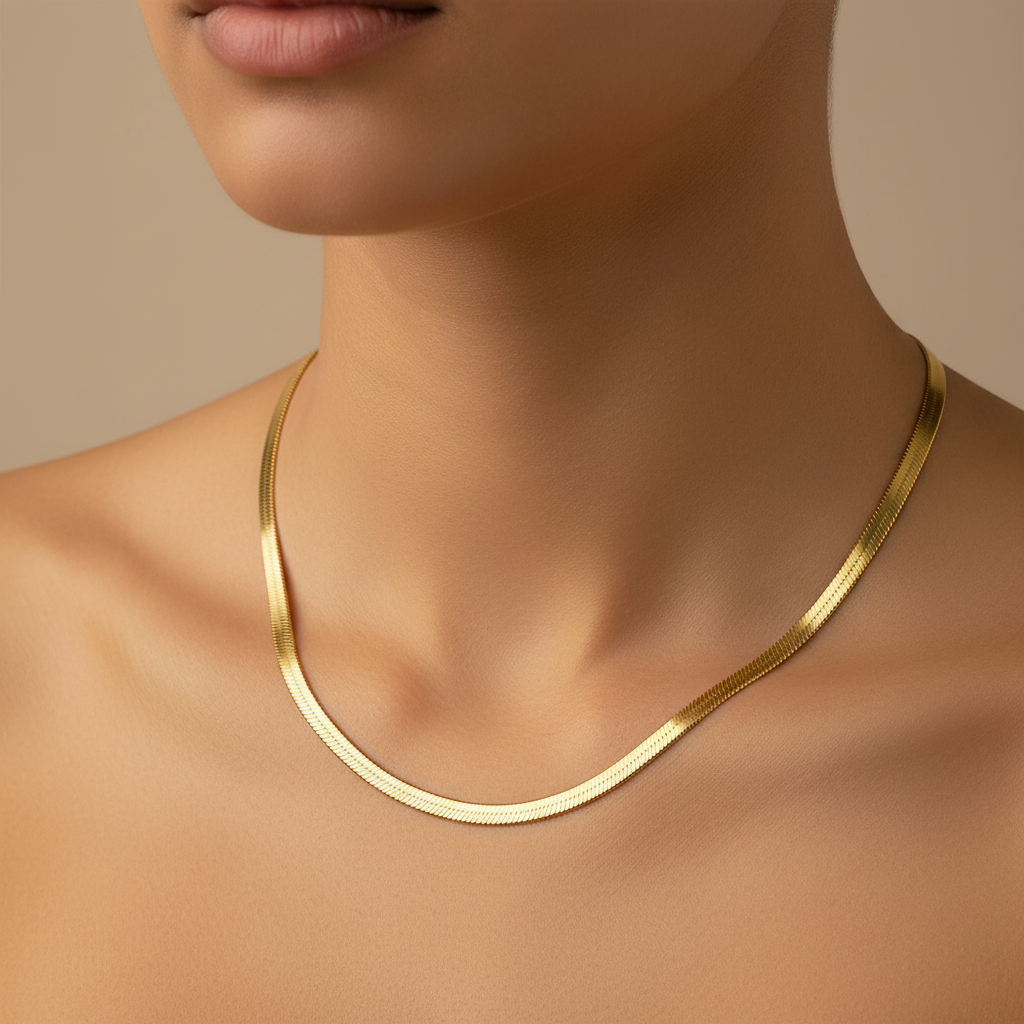 Gold Snake Chain Necklace – Collarbone Close-up