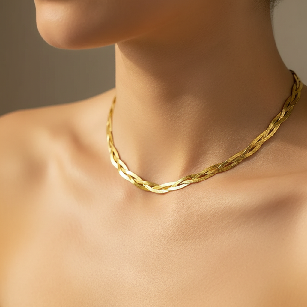 Gold Twisted Herringbone Chain – Ultra-Realistic Collarbone Close-up