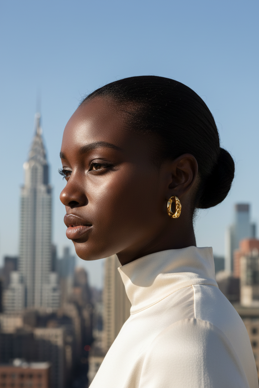 Modelo com brincos dourados em NYC