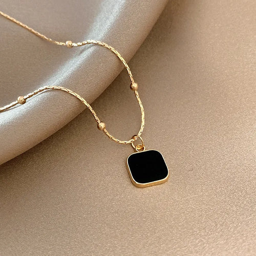 Square Black Pendant Necklace - Gold Titanium Steel