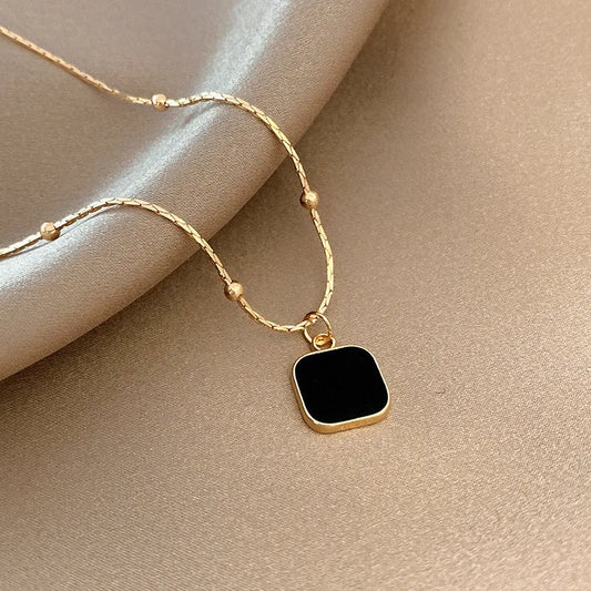 Square Black Pendant Necklace - Gold Titanium Steel