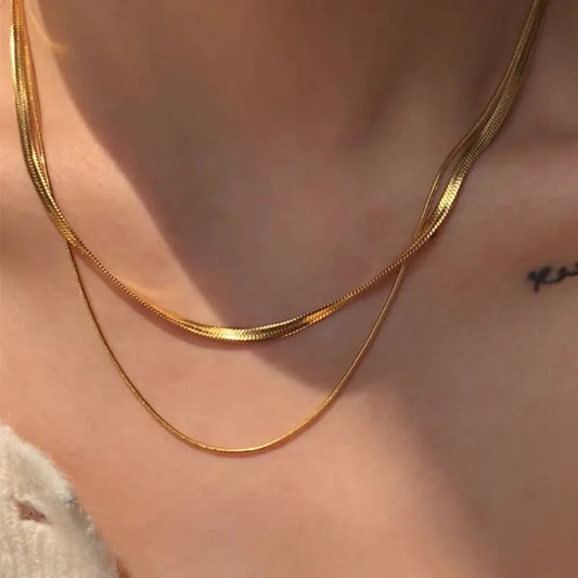 Layered Herringbone Chain Necklace Set | Gold-Plated Stainless Steel | Serenyah
