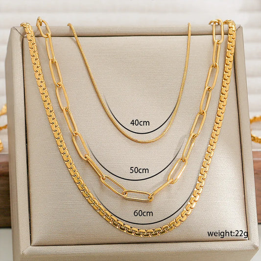 3-Layer Gold Chain Necklace Set – Paperclip, Snake & Box | Serenyah
