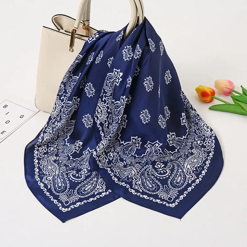 pañuelos de seda de satén con estampado geométrico dulce para mujer - FJ028-1 Azul Marino / 70-70cm