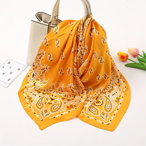 Pañuelos de seda de satén con estampado geométrico dulce para mujer - FJ028-8 Amarillo / 70-70cm