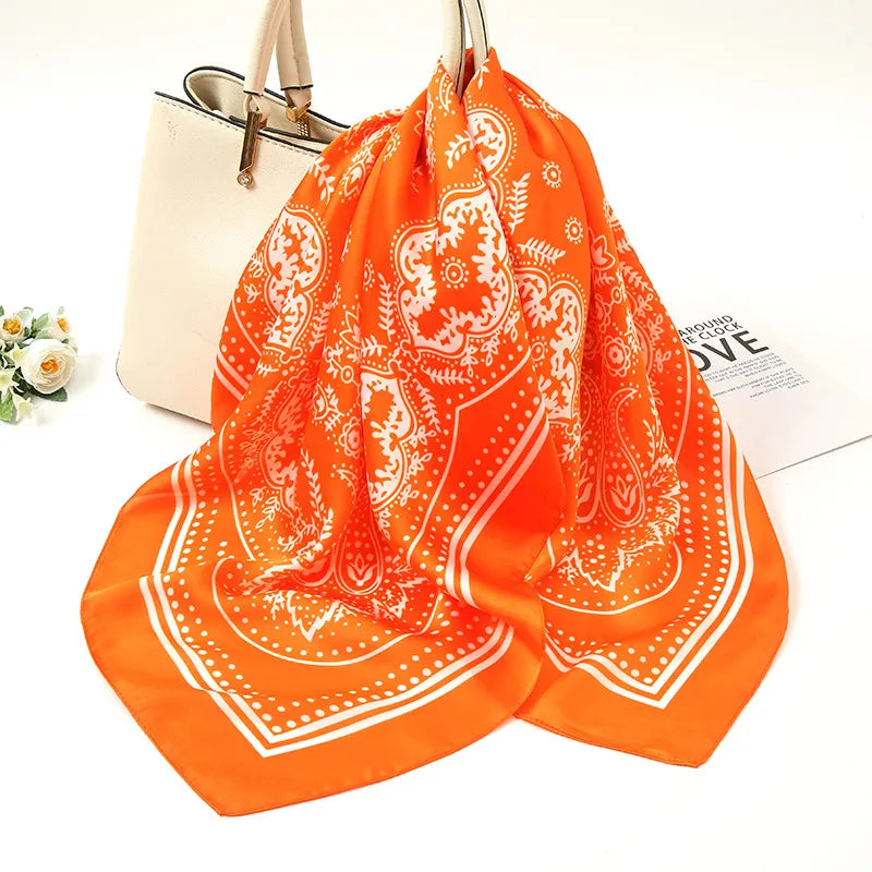 Lenços de seda femininos doces com estampa geométrica de cetim - FJ016-8 Laranja / 70-70cm