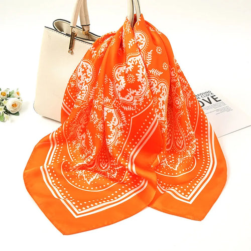 Lenços de seda femininos doces com estampa geométrica de cetim - FJ016-8 Laranja / 70-70cm