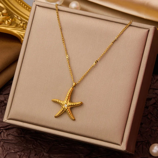 Beach Starfish Necklace - Gold Titanium Steel