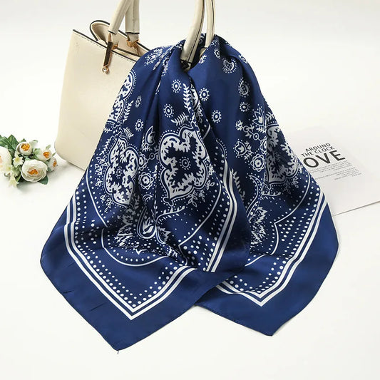 Lenços de seda em cetim com estampado geométrico doce para mulher - FJ016-3 Azul Marinho / 70-70cm