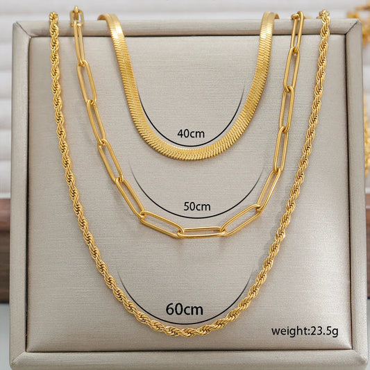 3-Layer Gold Chain Necklace Set – Herringbone, Paperclip & Rope | Serenyah