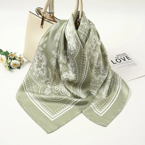 Pañuelos de seda con estampado geométrico de raso para mujer - FJ016-6 Verde claro / 70-70cm