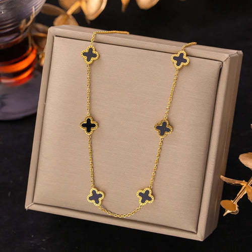 Six Four-Leaf Clovers Necklace - Gold Titanium Steel