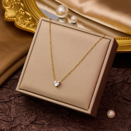 Heart-Shaped Diamond Necklace - Gold Titanium Steel