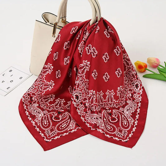 Lenços de seda de cetim com estampado geométrico doce femininos - FJ028-5 Vermelho Vinho / 70-70cm